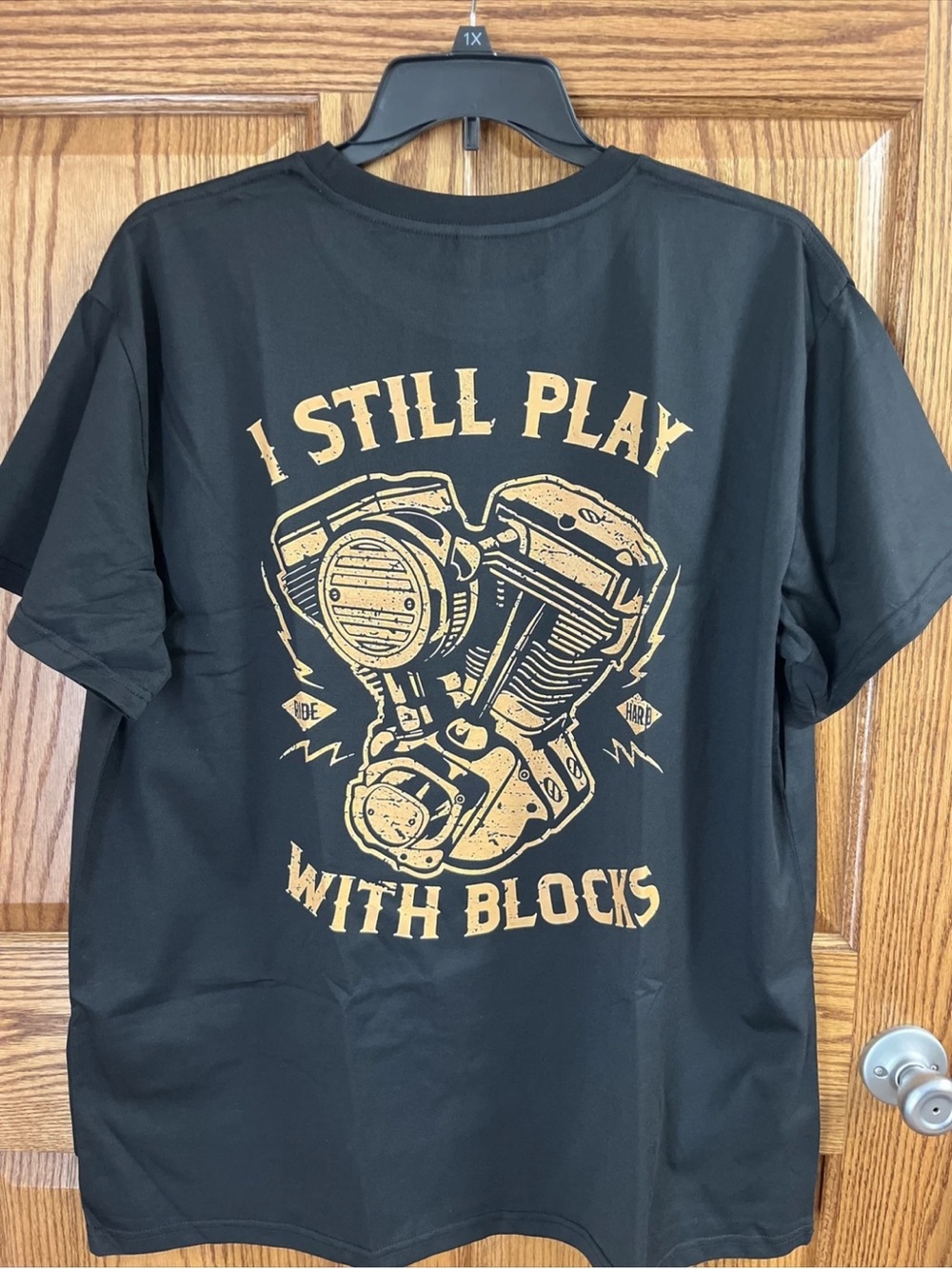 I Still Play With Blocks Graphic Tee - Black & Gold Motor Engine Design